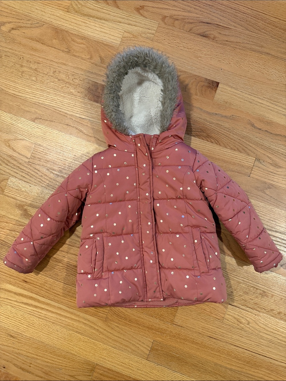 Jumping Beans Toddler Dusty Rose Puffer Fleece Lined Jacket with Faux Fur Hood